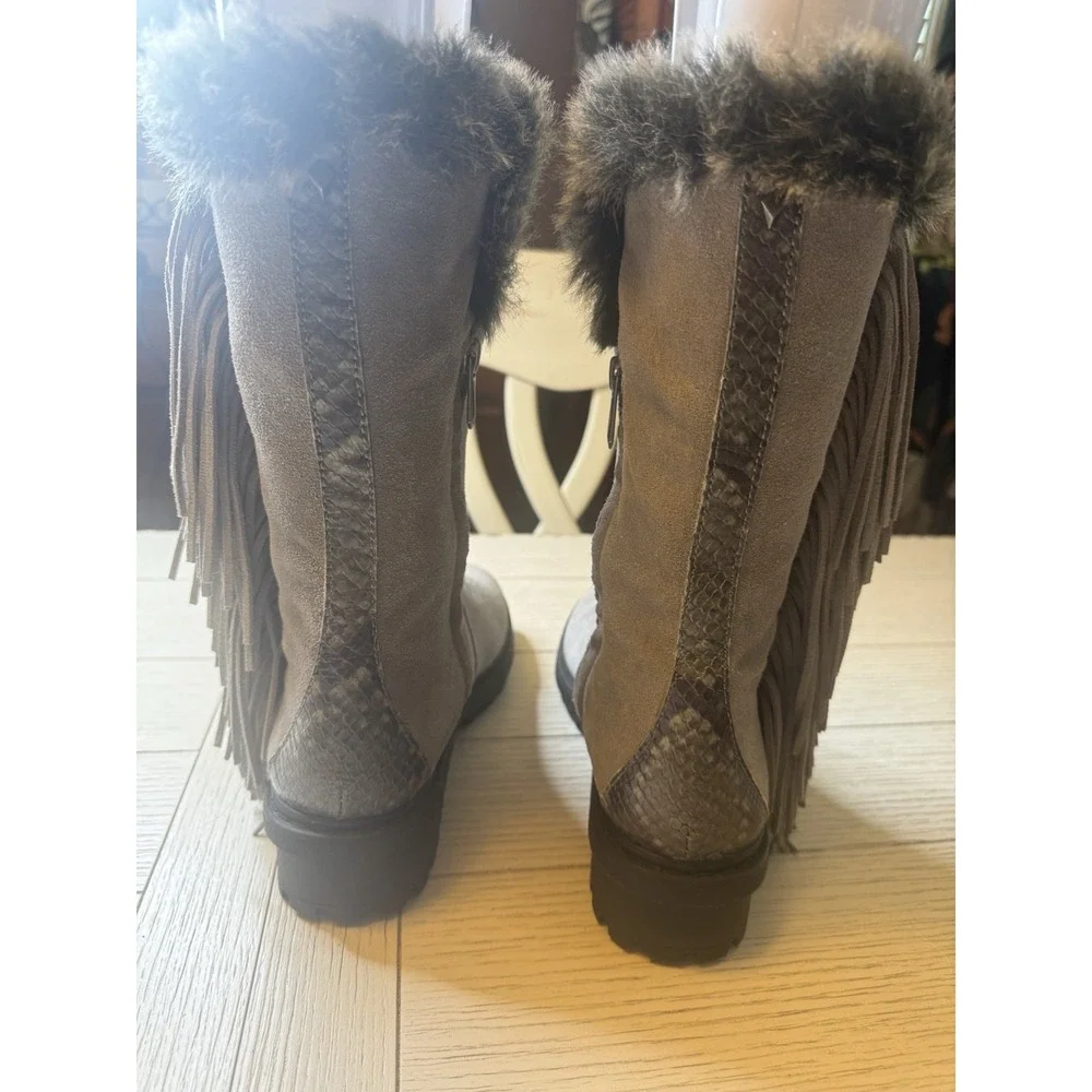 NWOT Sam Edelman Tilden Faux Fur Gray Fringe Mid Calf Suede Boots Sz 7 US 1